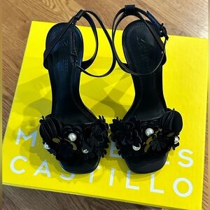 MERCEDES CASTILLO Black Sandals with Floral and Pearl Accents